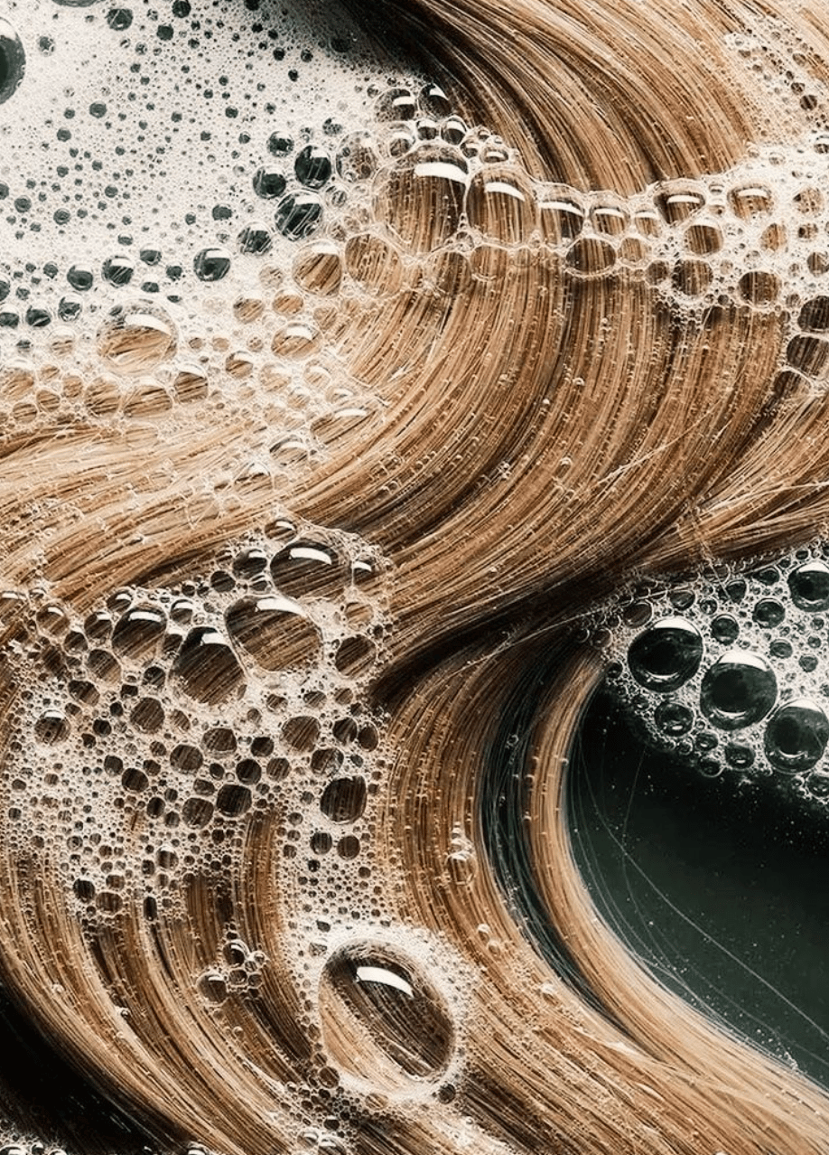 Hair being washed with shampoo and water. 